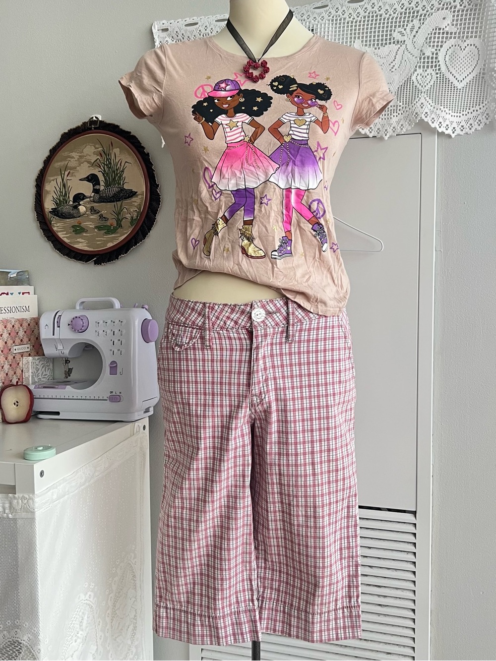 Vintage 2000s Y2K pink & white gingham plaid capri pants